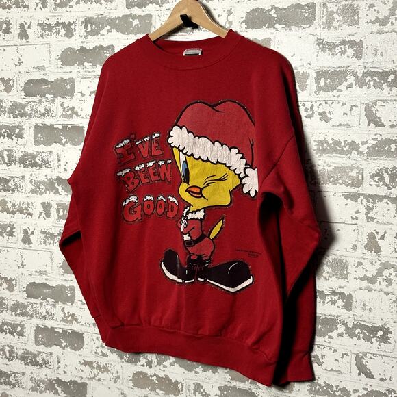 Vintage Tweet Bird Christmas Sweatshirt Size Large USA Made 90s - Picture 1 of 5